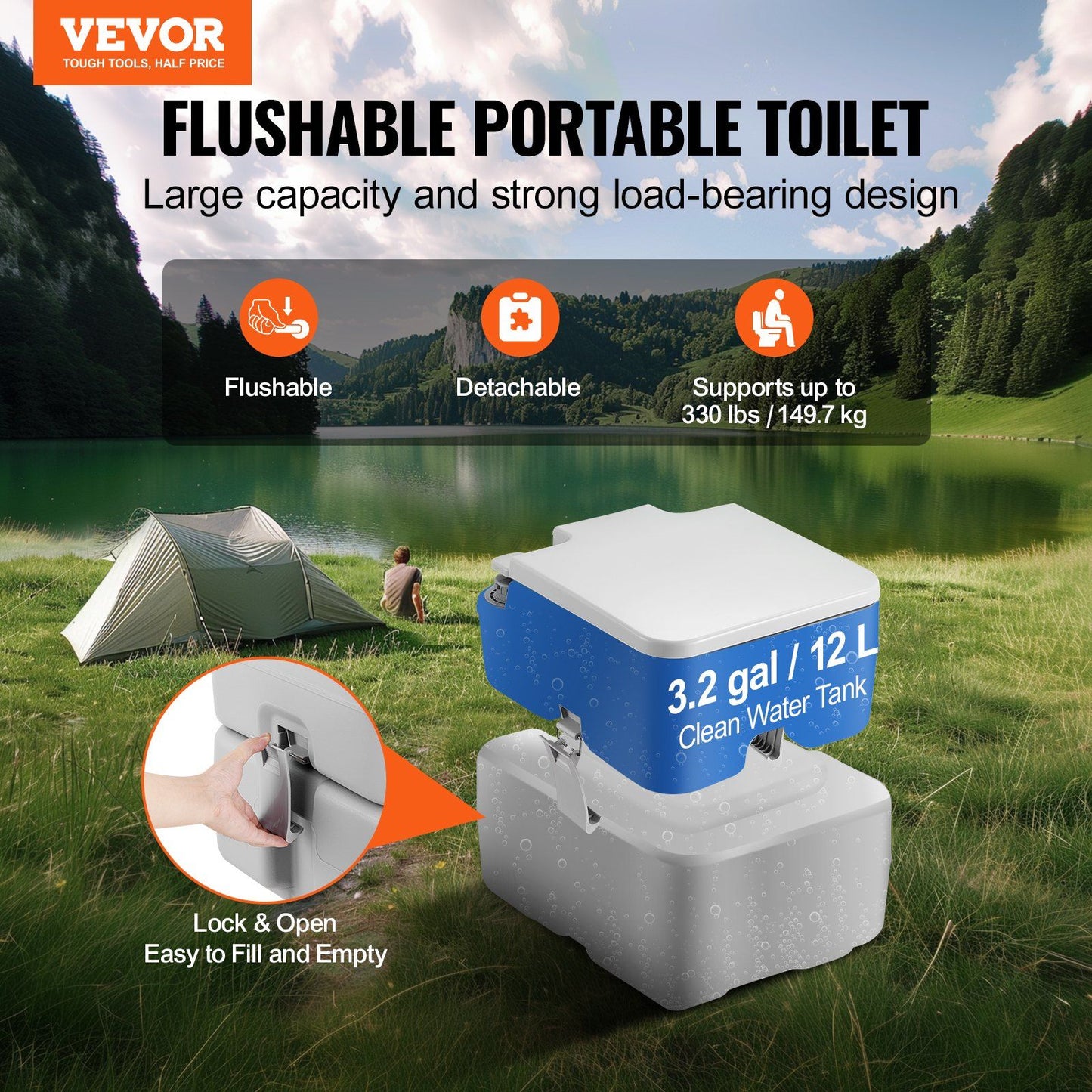 VEVOR Portable Toilet for Camping, Porta Potty with Carry Bag, 5.3 Gal Waste Tank & 3.2 Gal Flush Tank, Push-Button Pressurized Flush Commode, Leak-proof and Odourless Travel Toilet for Camping Car