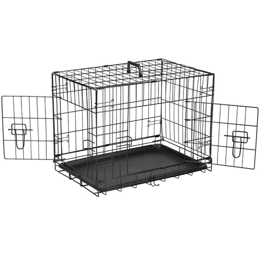 Dog Crate with Divider Panel, 24 Inch Double Door Folding Metal Wire Dog Cage with Plastic Leak-Proof Pan Tray, Pet Kennel for Indoor