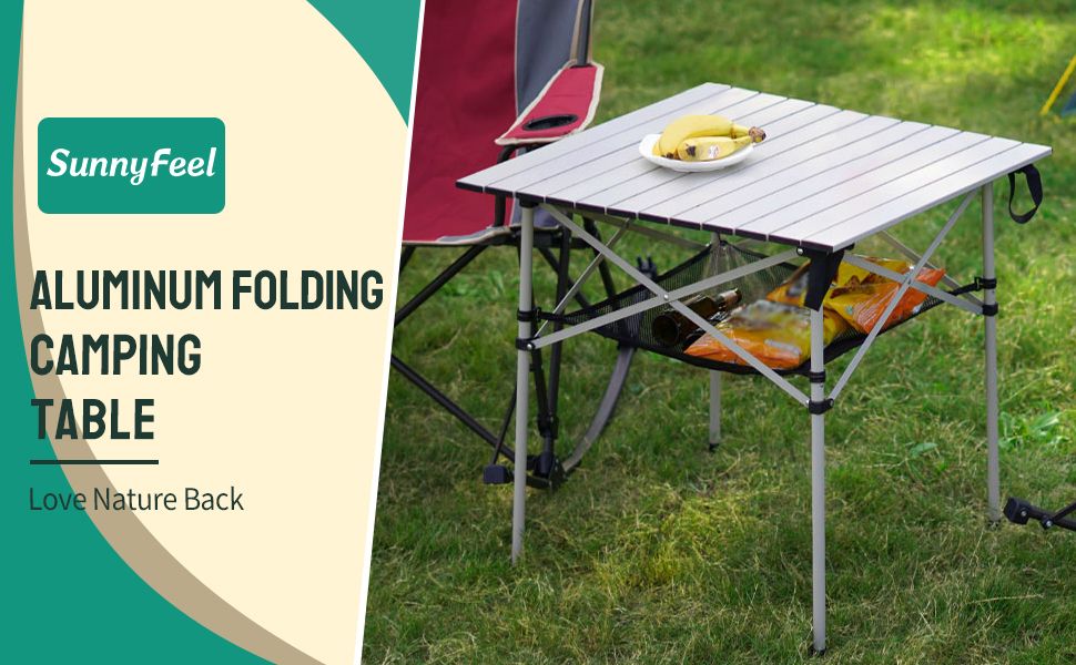 SUNNYFEEL Outdoor Folding Table | Lightweight Compact Aluminum Camping Table, Roll Up Top 4 People Portable Camp Square Tables with Carry Bag for Picnic/Cooking/Beach/Travel/BBQ