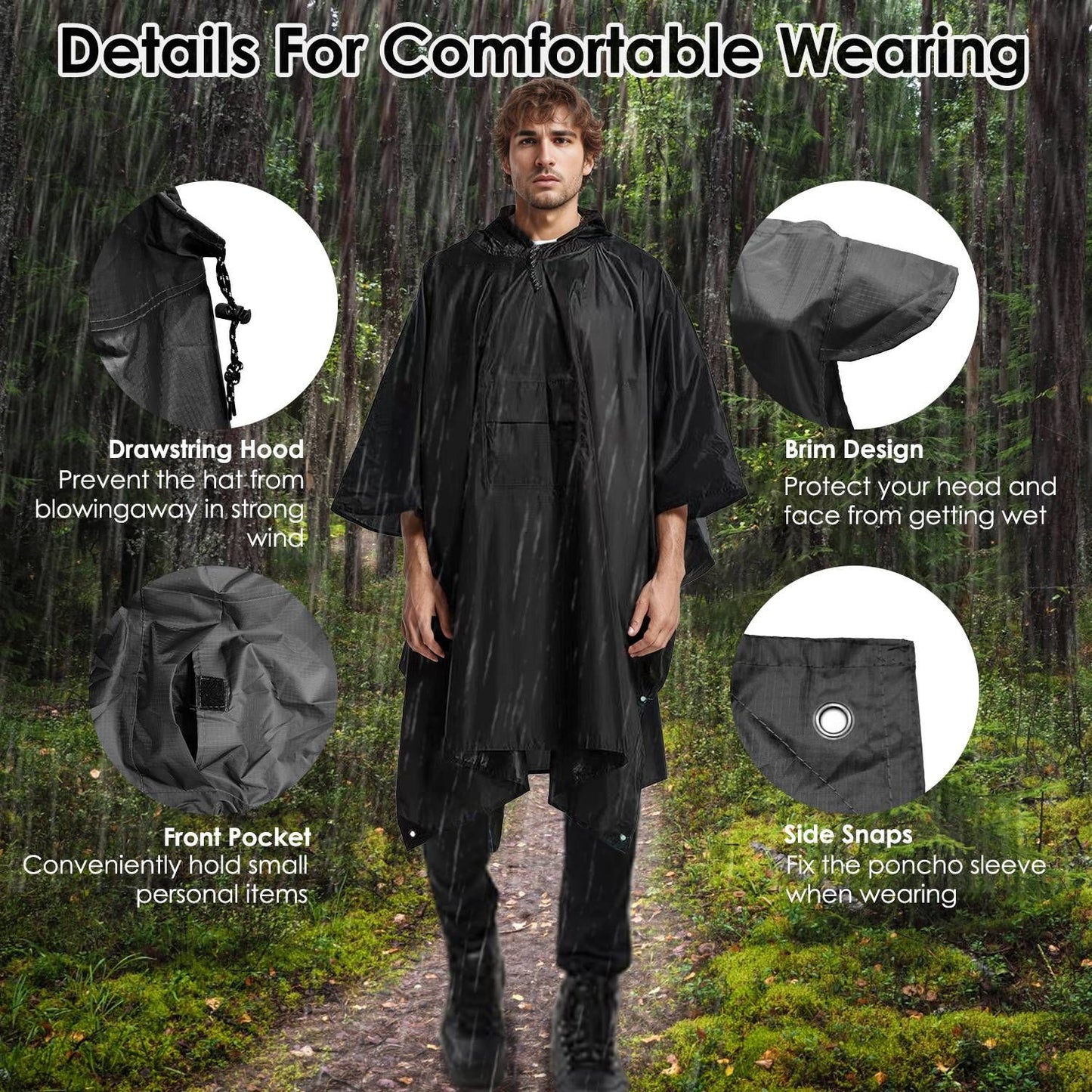 Unisex Hooded Rain Poncho With Pocket For Adult 3-in-1 Waterproof Poncho Raincoat With Hood Sleeve Brim Lightweight Portable Rain Poncho For Hiking Camping Fishing Emergency