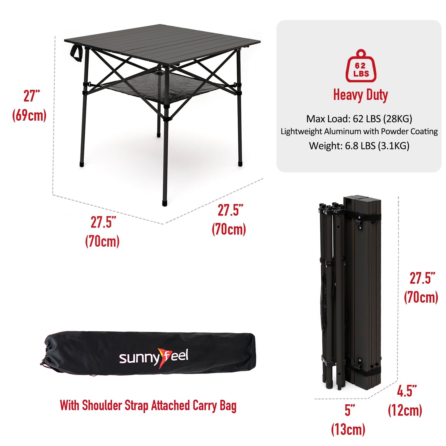 SUNNYFEEL Outdoor Folding Table | Lightweight Compact Aluminum Camping Table, Roll Up Top 4 People Portable Camp Square Tables with Carry Bag for Picnic/Cooking/Beach/Travel/BBQ