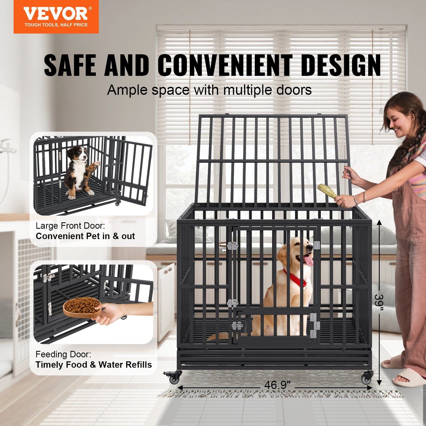 VEVOR 47 Inch Heavy Duty Dog Crate, Indestructible Dog Crate, 3-Door Heavy Duty Dog Kennel for Medium to Large Dogs with Lockable Wheels and Removable Tray, High Anxiety Dog Crate for Indoor & Outdoor