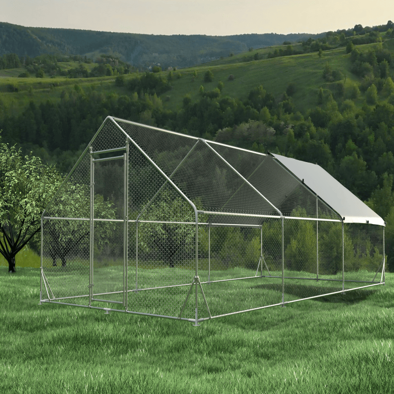 Large Metal Chicken Coop Walk-in Poultry Cage Hen Run House Rabbits Habitat Cage Spire Shaped Coop with Waterproof and Anti-Ultraviolet Cover (19.7' L x 9.8' W x 6.4' H)