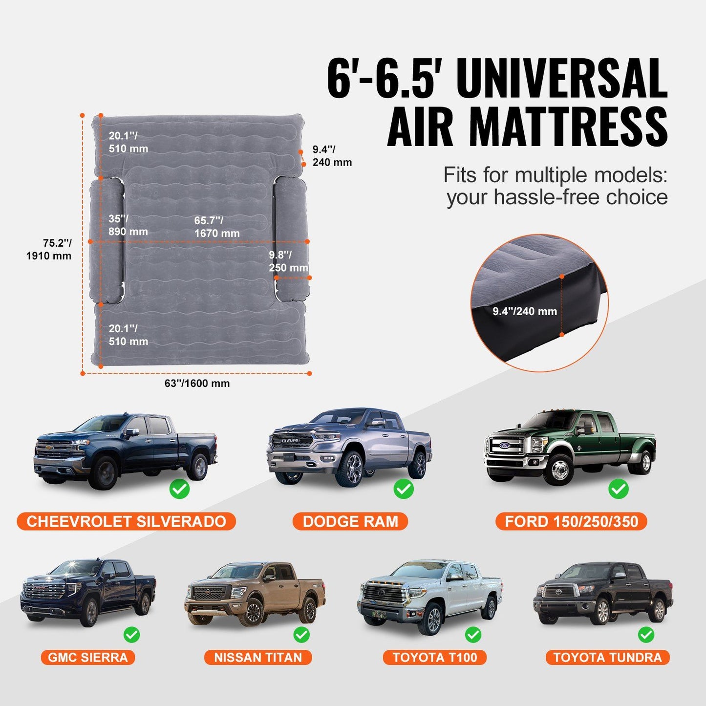 VEVOR Truck Bed Air Mattress, for 6-6.5 ft Full Size Truck Beds, Inflatable Air Mattress Camping Bed with 12V Air Pump 2 Pillows, Carry Bag, for Chevrolet Silverado, Dodge Ram, Ford 150/250/350