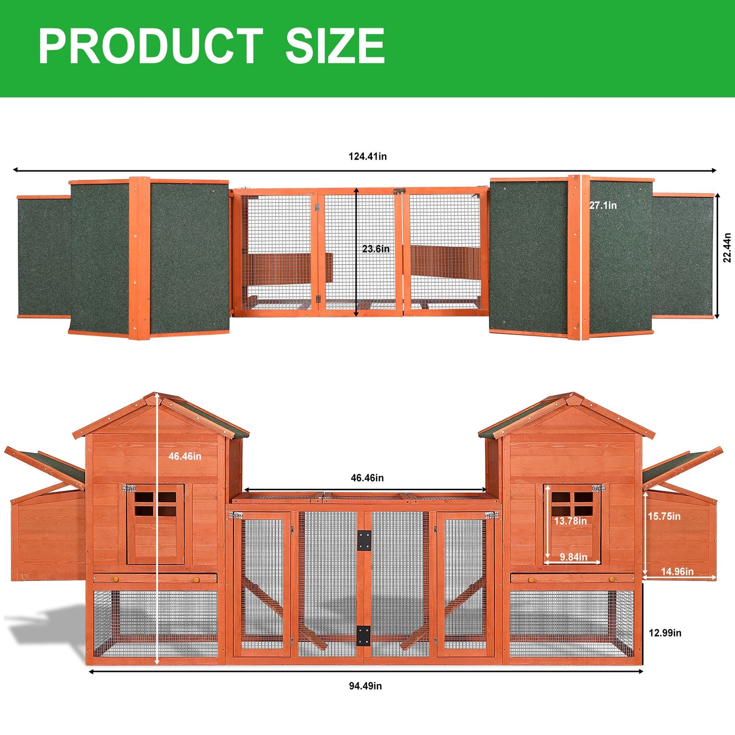 Outdoor Wooden Chicken Coop;  124' Large Hen Cage Rabbit House;  Bunny Hutch with Ventilation Door;  Removable Ramp Garden Backyard Pet House Chicken Nesting Box