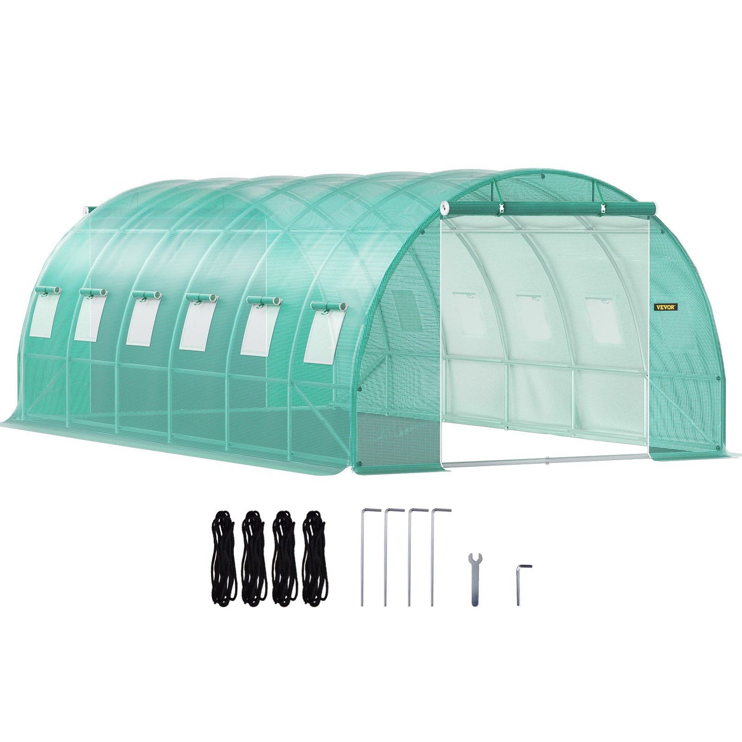 VEVOR Walk-in Tunnel Greenhouse, 20 x 10 x 7 ft Portable Plant Hot House w/ Galvanized Steel Hoops, 3 Top Beams, Diagonal Poles, 2 Zippered Doors & 12 Roll-up Windows, Green