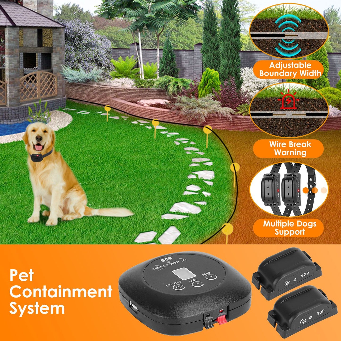 Dog Fence System Pet Containment System with 9 Adjustable Levels IPX8 Waterproof Rechargeable Underground Fence