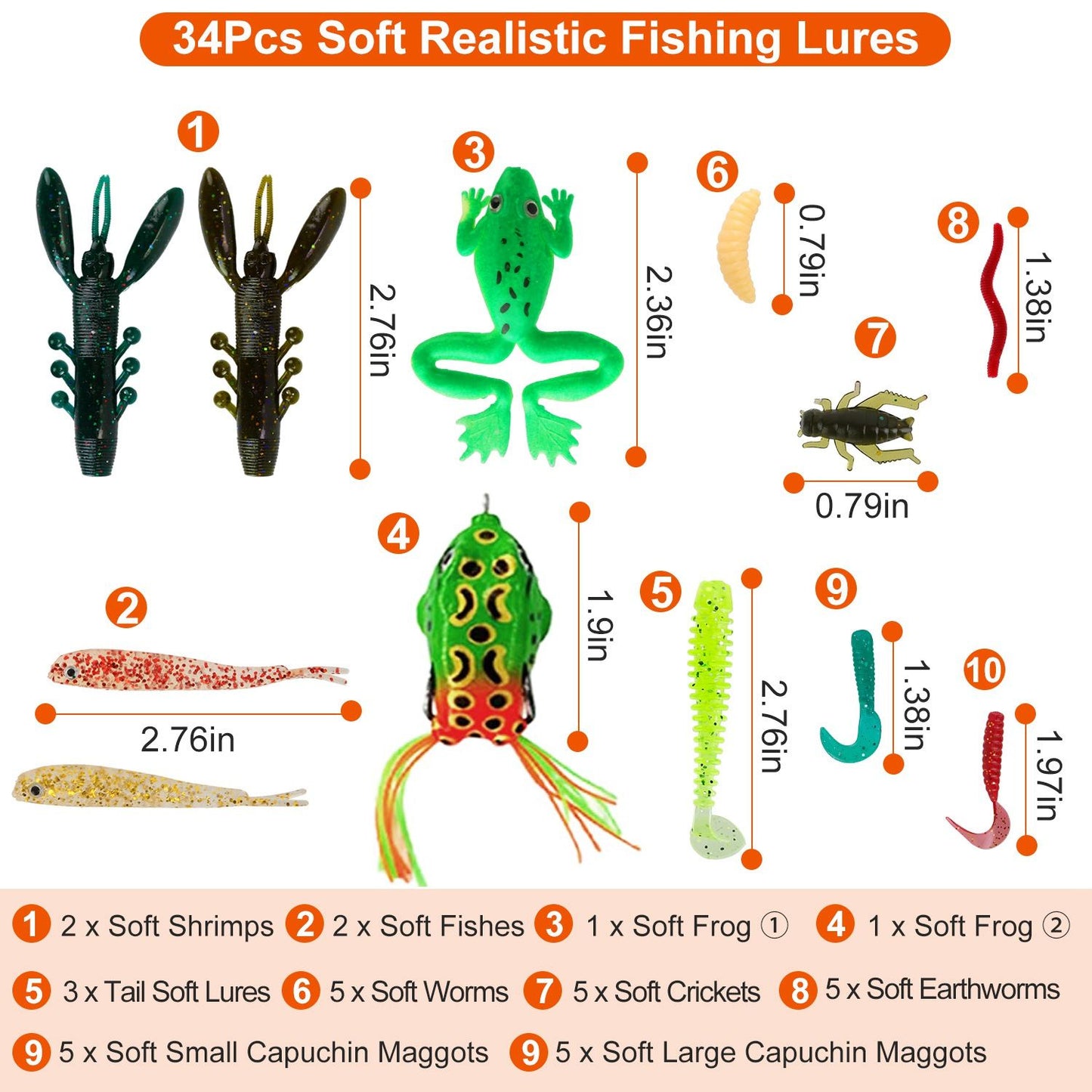 94Pcs Fishing Lures Kit Soft Plastic Fishing Baits Set with Soft Worms Frog Crankbaits Tackle Box for Freshwater and Saltwater to Bait Bass Trout Salmon