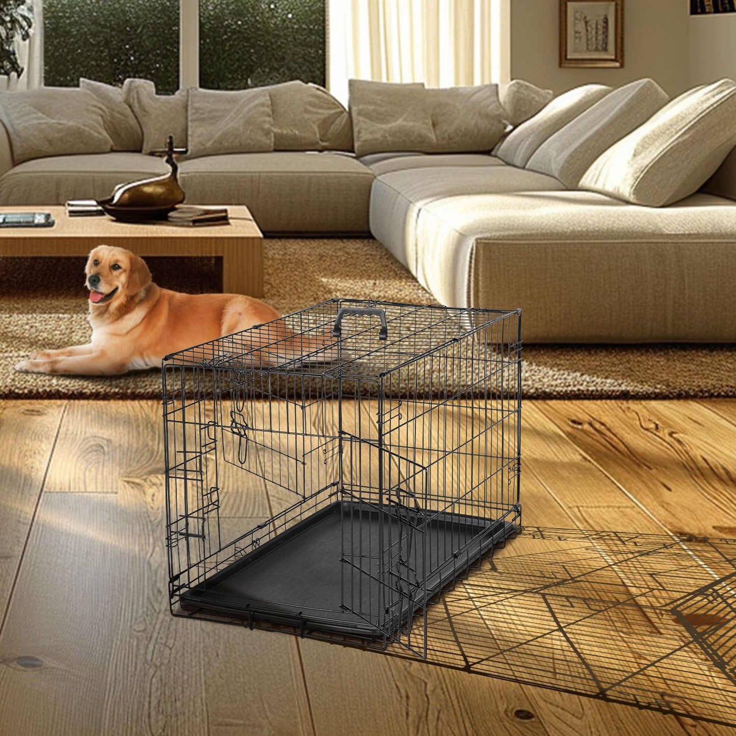 Dog Crate with Divider Panel, 24 Inch Double Door Folding Metal Wire Dog Cage with Plastic Leak-Proof Pan Tray, Pet Kennel for Indoor