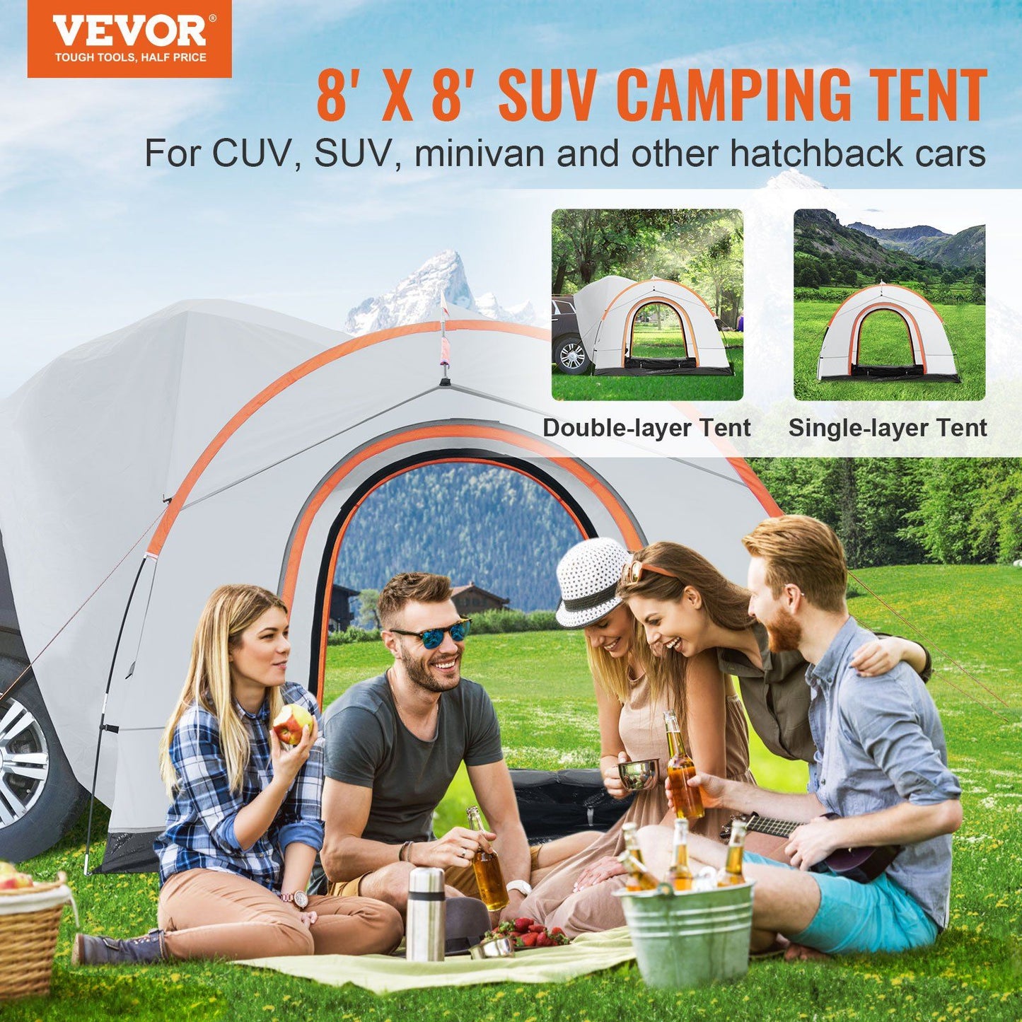 VEVOR SUV Camping Tent, 8'-8' SUV Tent Attachment for Camping with Rain Layer and Carry Bag, PU2000mm Double Layer Truck Tent, Accommodate 6-8 Person, Rear Tent for Van Hatch Tailgate