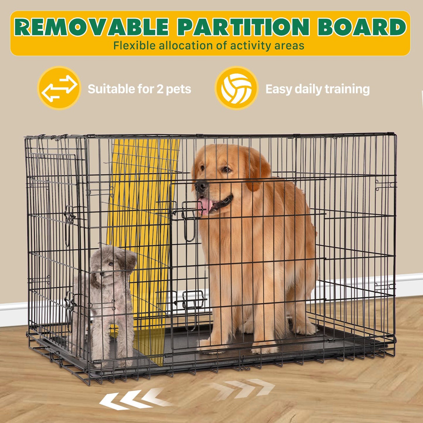 Dog Crate with Divider Panel, 42 Inch Double Door Folding Metal Wire Dog Cage with Plastic Leak-Proof Pan Tray, Pet Kennel for Indoor