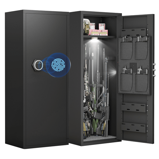 Heavy duty all steel unassembled gun cabinet - biometric lock, dual alarm function, 7-8 gun capacity, silent operation, emergency battery box, adjustable stock