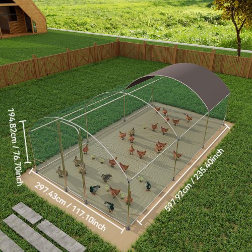 Large Metal Chicken Coop with Run, 19.7x9.8x6.6ft, Walkin Poultry Cage for Yard with Waterproof Cover, Dome Roof Large Poultry Cage for Hen House, Duck and Rabbit, Silver