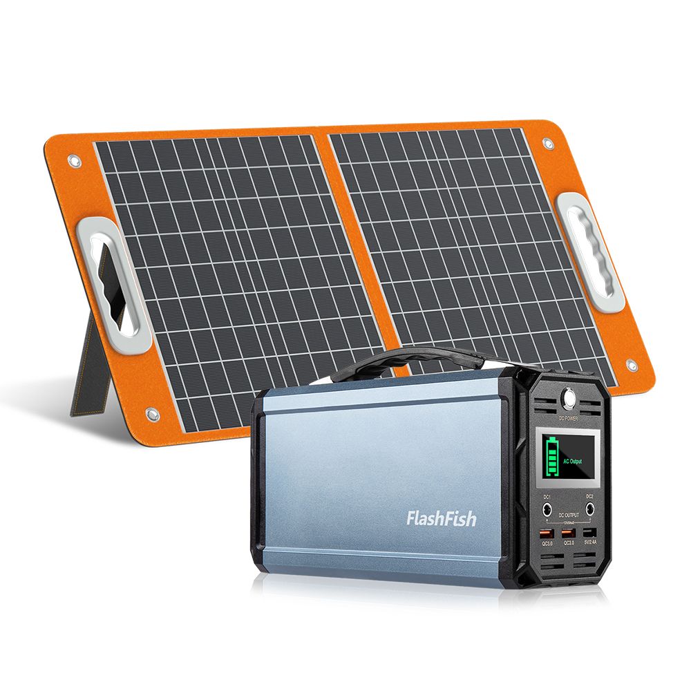 300W Solar Generator, FlashFish 60000mAh Portable Power Station Camping Potable Generator with 60W 18V Portable Solar Panel, Flashfish Foldable Solar Charger with 5V USB 18V DC Output