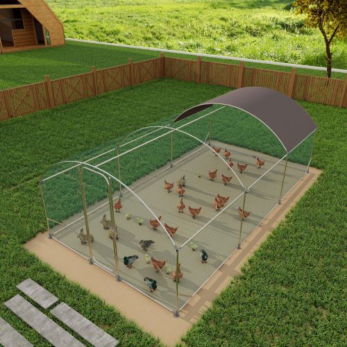 Large Metal Chicken Coop with Run, 19.7x9.8x6.6ft, Walkin Poultry Cage for Yard with Waterproof Cover, Dome Roof Large Poultry Cage for Hen House, Duck and Rabbit, Silver