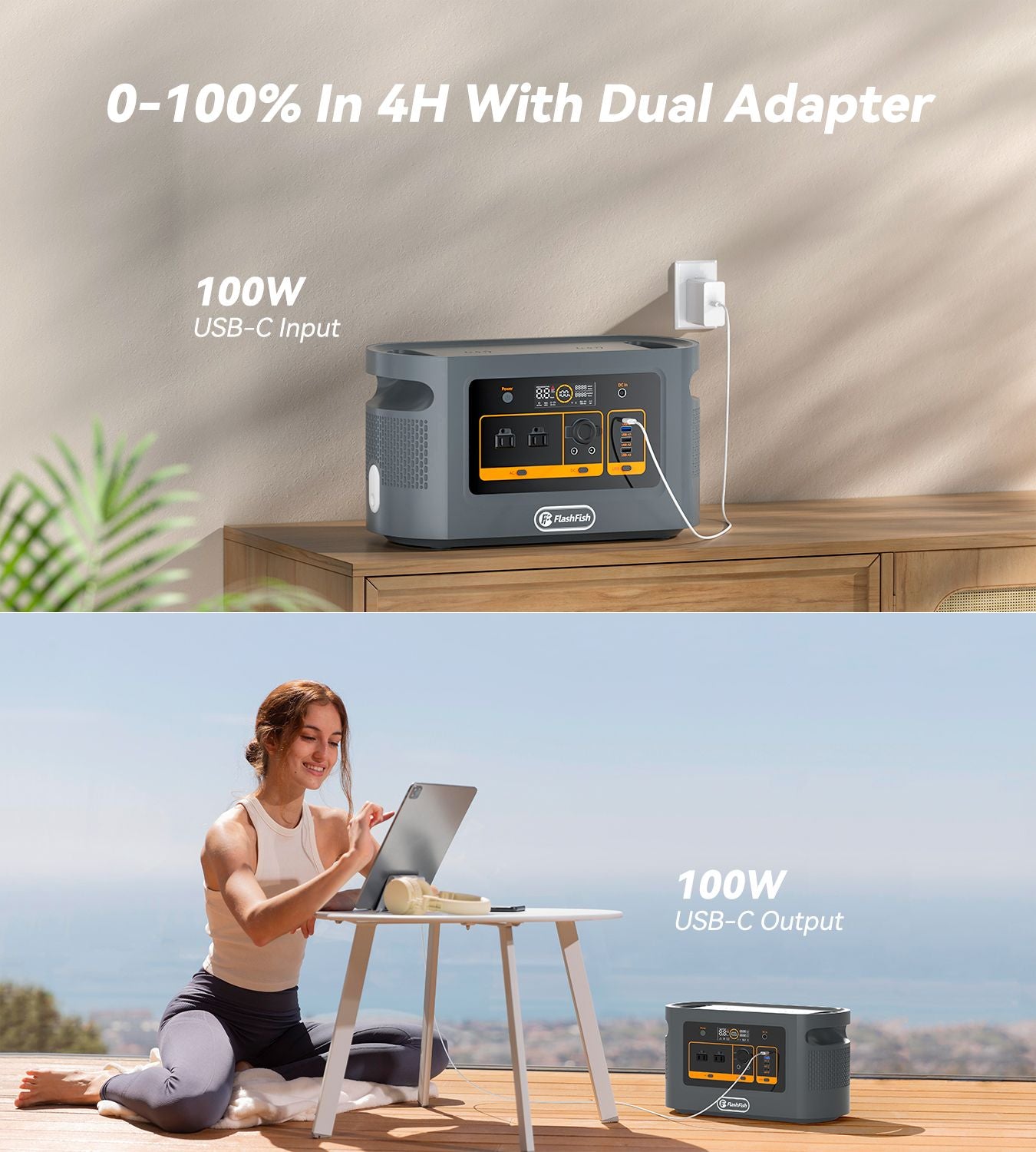 FF FLASHFISH Portable Power Station;  1008Wh/315000mAh LiFePO4 Battery Pack;  UPS Solar Generator With 1200W (Surge 2000W) AC Outputs;  100W USB-C;  Backup Power CPAP Battery