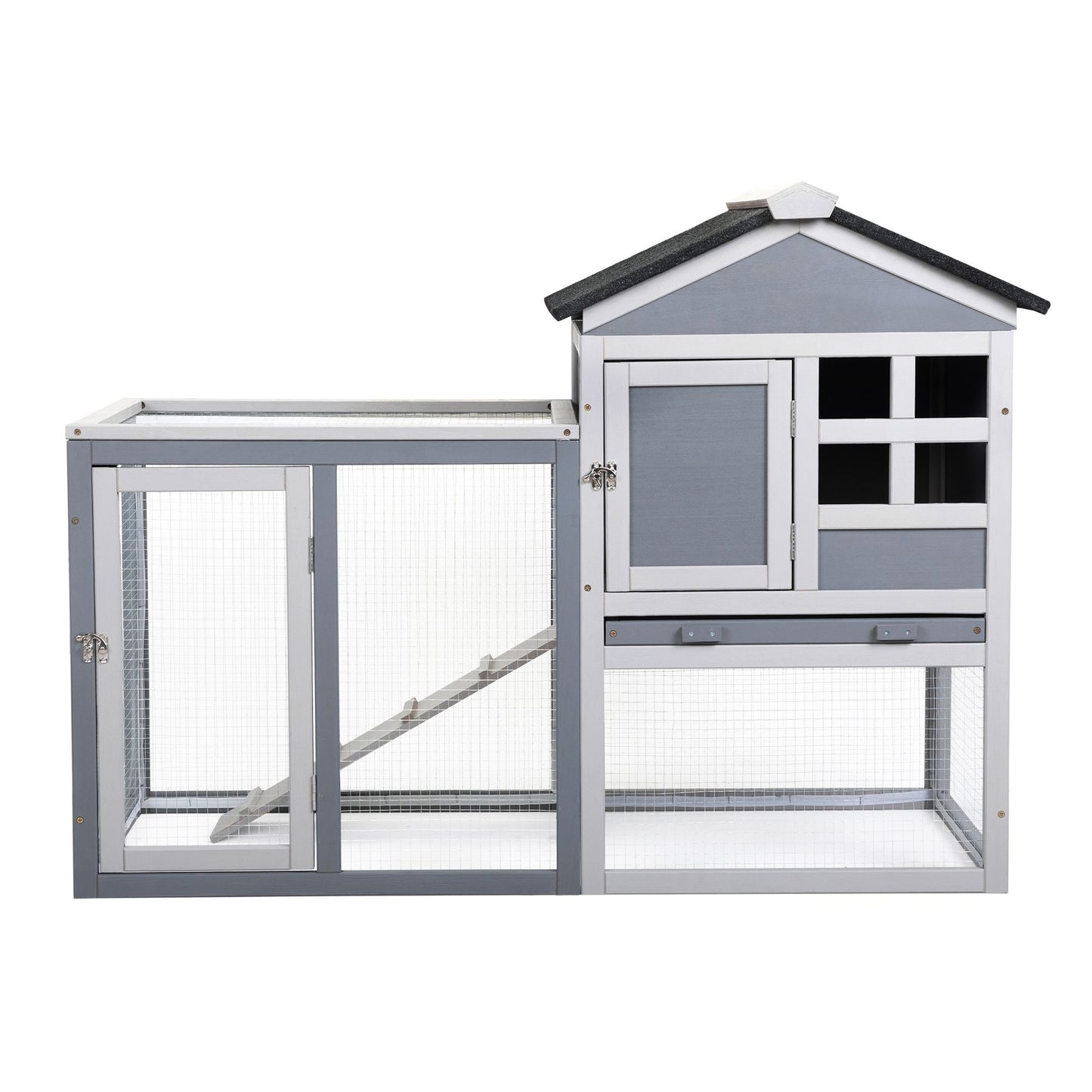 Indoor Outdoor Rabbit Hutch, Bunny Cage with Run, Pull Out Tray, Guinea Pig House for Small Animals, Gray