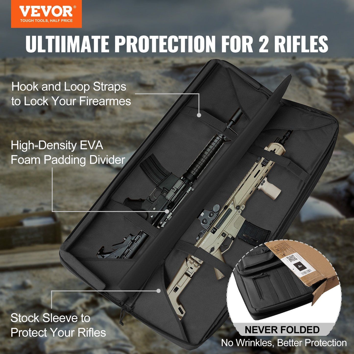 VEVOR Tactical Range Bag, 42 inch Tactical Double Firearm Bag, Soft Outdoor Tactical Case with Lockable Zipper, Portable Handle & Shoulder Strap, 3 Large Storage Pockets Tactical Range Case, Black