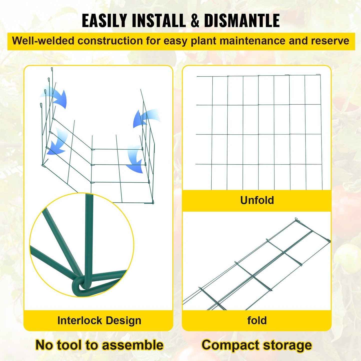 VEVOR Tomato Cages, 14.6" x 14.6" x 39.4", 6 Packs Square Plant Support Cages, Green PVC-Coated Steel Tomato Towers for Climbing Vegetables, Plants, Flowers, Fruits