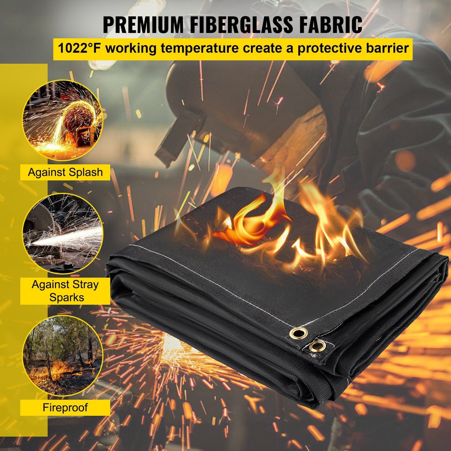 VEVOR Fire Blankets, 2 Pack Welding Blankets, 6' x 10' Fire Suppression Blanket, 1022 °F Flame Retardant Blanket, Black Fire Emergency Blankets, Fiberglass Fire Retardant Blanket with 8 Brass Grommets