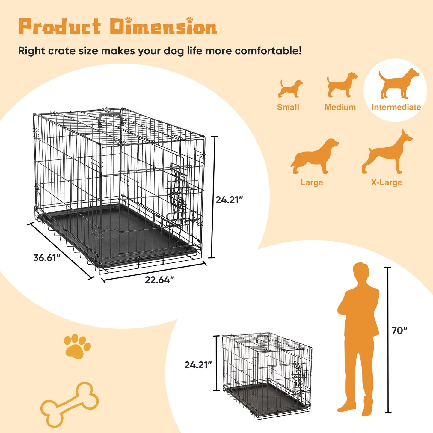 Dog Crate with Divider Panel,36 Inch Double Door Folding Metal Wire Dog Cage with Plastic Leak-Proof Pan Tray, Pet Kennel for Indoor