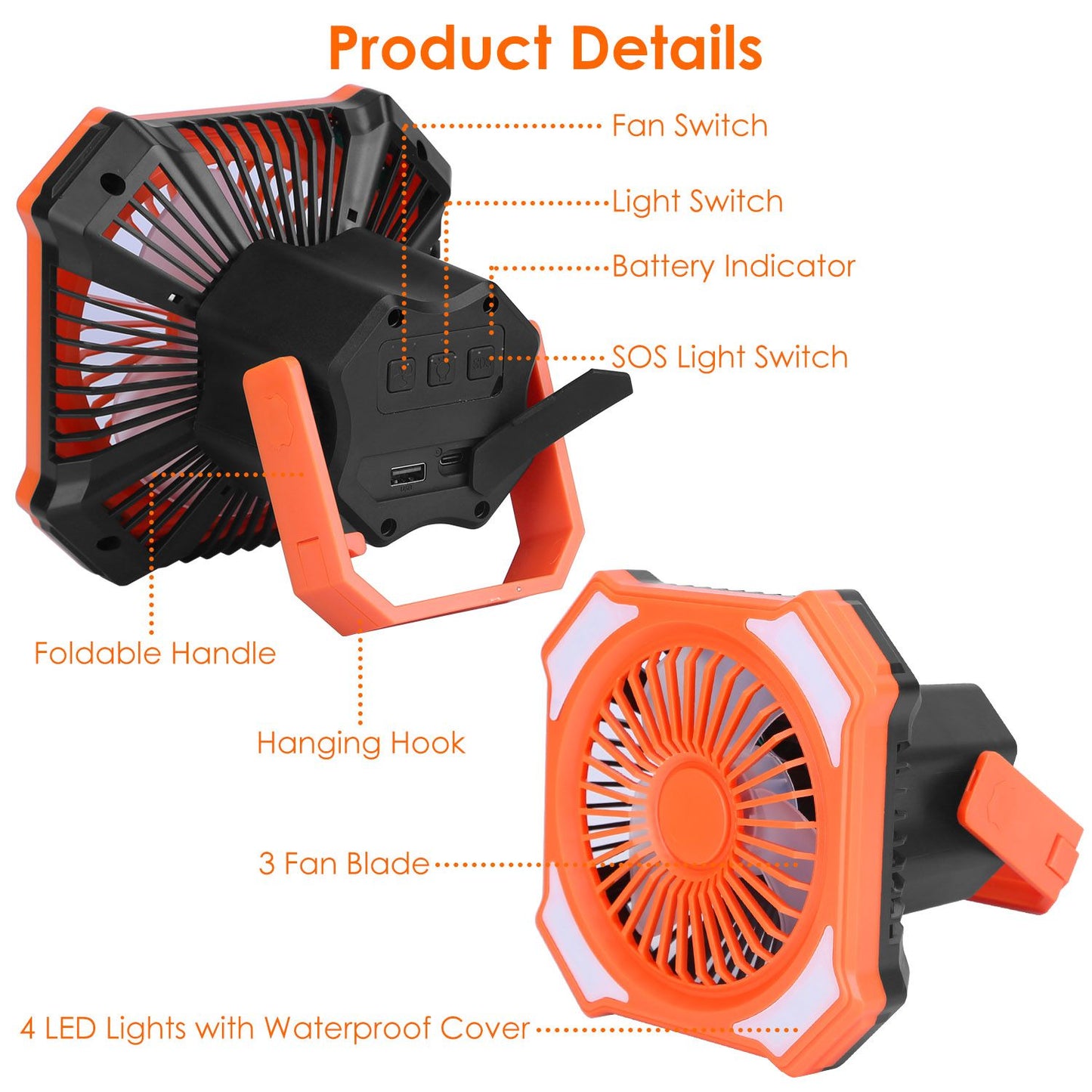 Portable Camping Lantern Fan 10000mAh Battery Powered Hanging Fan USB Rechargeable Tent Fan with 4 Light Modes 3 Wind Modes Emergency Power Bank Remote Control Hanging Hook