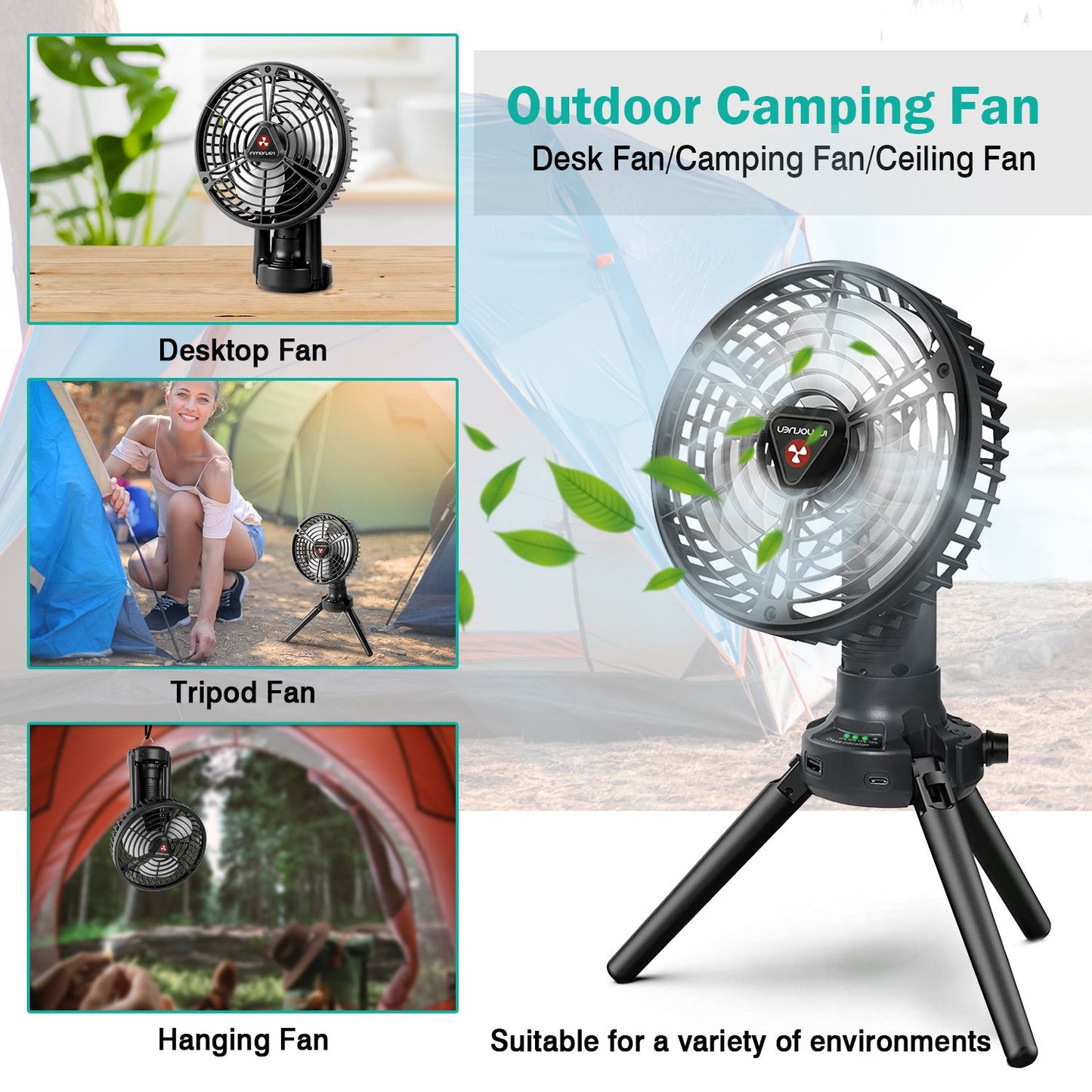 Foldable Camping Fan with Emergency Power Bank 270° Oscillating Rechargeable Tripod Fan for Hiking Fishing Personal Desk Fan with 4 Speeds 3 Brightness