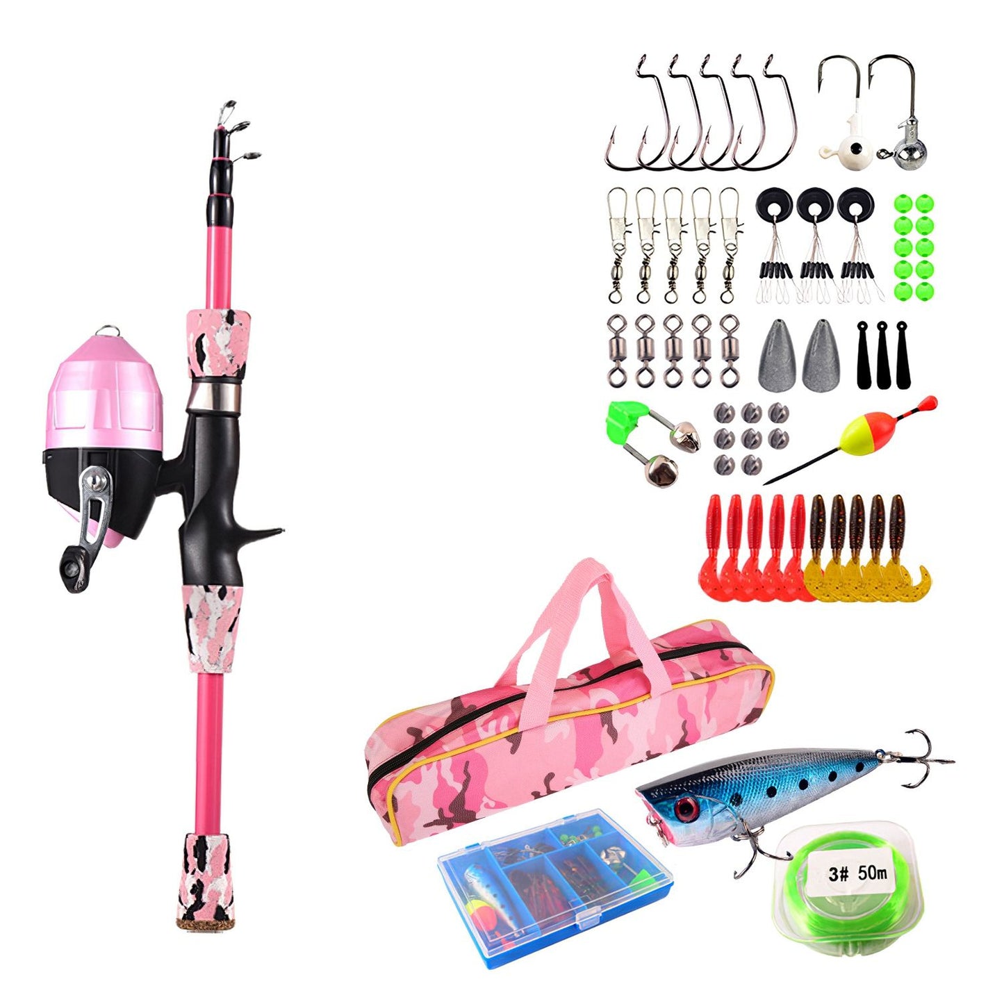 Kids Fishing Pole Set Fishing Starter Kit Telescopic Fishing Rod and Reel Combo Kit with Tackle Box 56Pcs Fishing Lures for Boys Girls