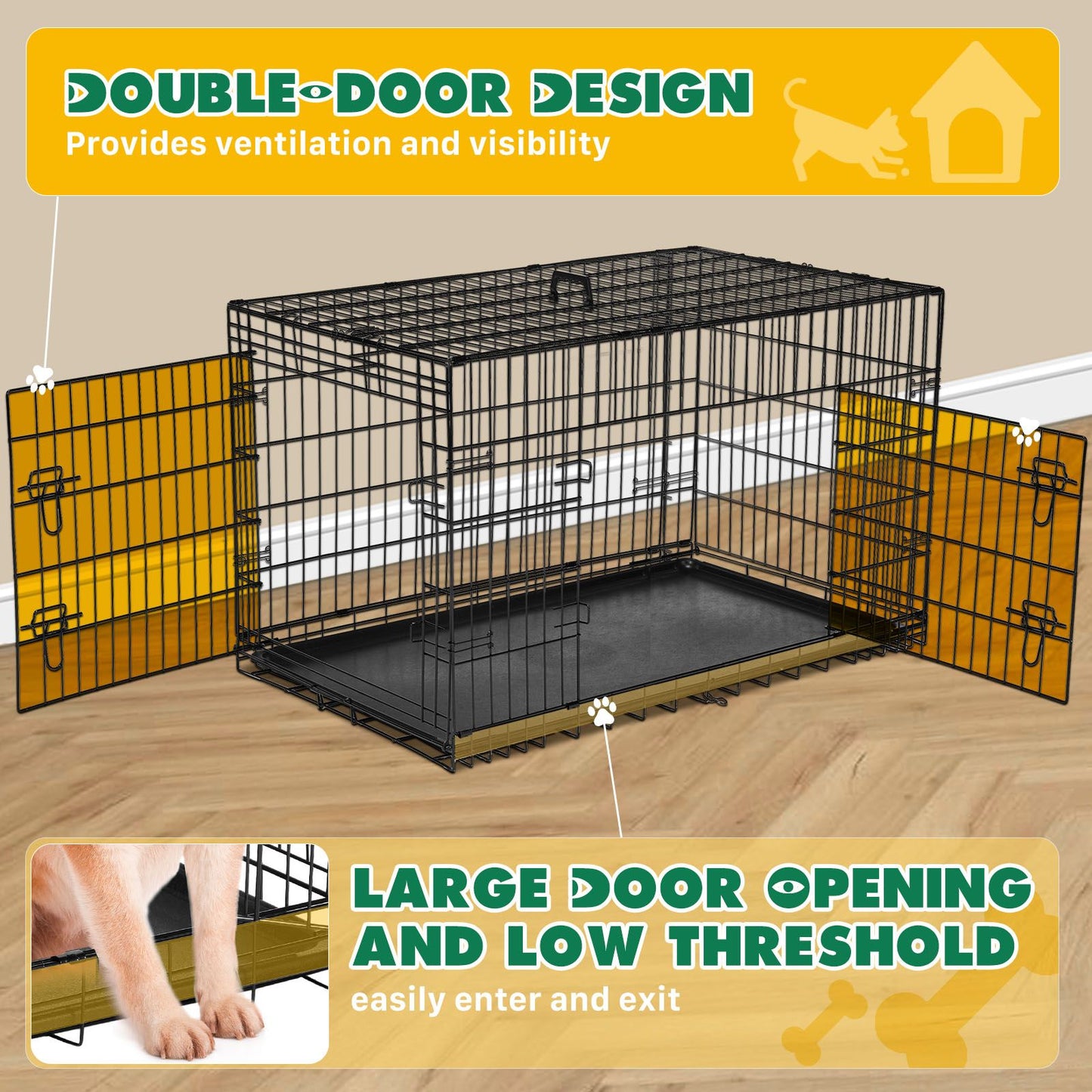 Dog Crate with Divider Panel, 42 Inch Double Door Folding Metal Wire Dog Cage with Plastic Leak-Proof Pan Tray, Pet Kennel for Indoor