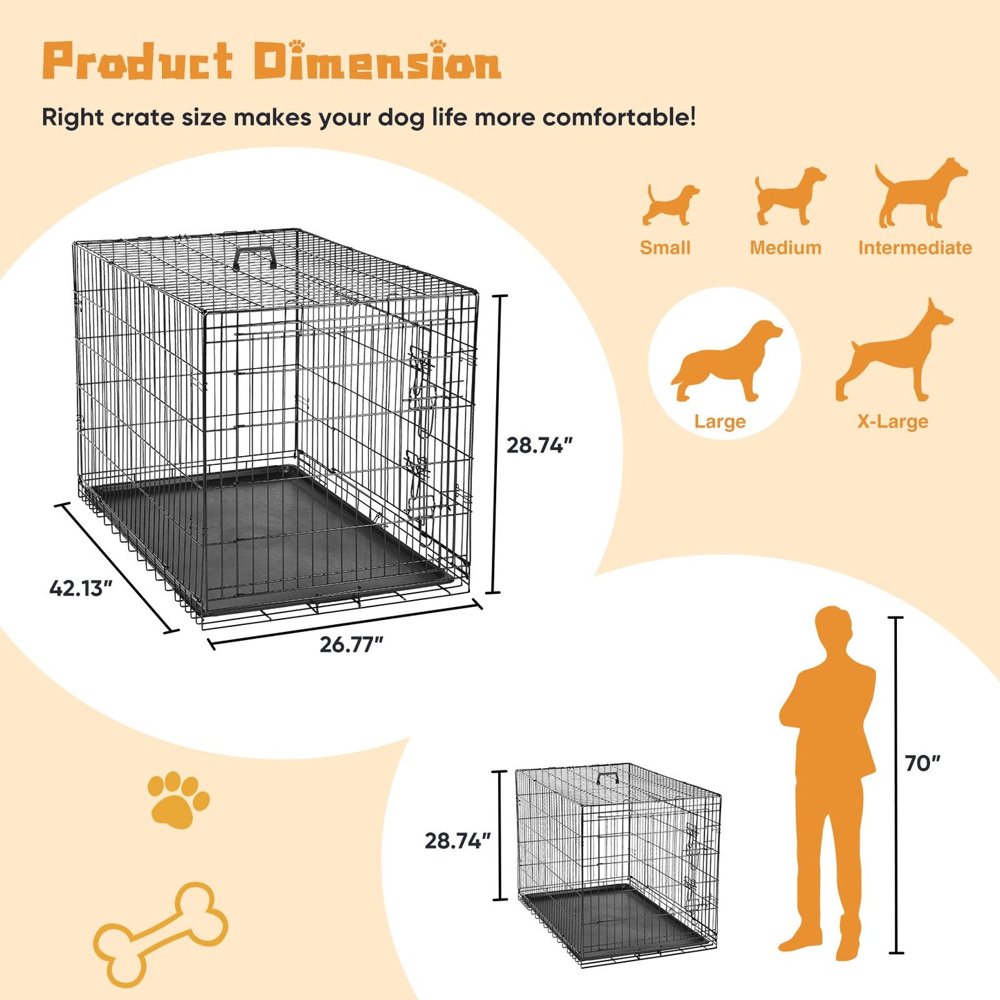 Dog Crate with Divider Panel, 42 Inch Double Door Folding Metal Wire Dog Cage with Plastic Leak-Proof Pan Tray, Pet Kennel for Indoor