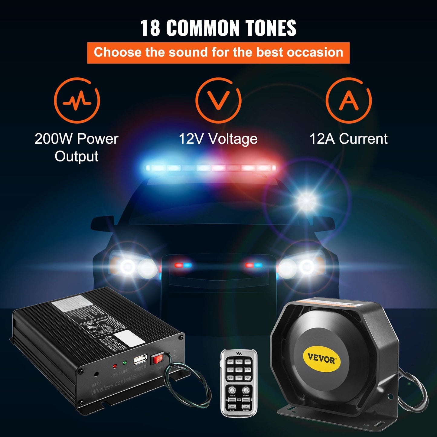 VEVOR 200W 18 Sound Loud Car and Truck Warning Alarm Police Siren Horn 18 Tones Fire Ambulance Emergency Electronic Siren Horn Kit PA MIC System