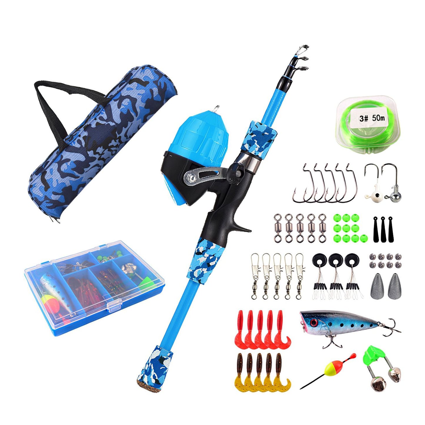 Kids Fishing Pole Set Fishing Starter Kit Telescopic Fishing Rod and Reel Combo Kit with Tackle Box 56Pcs Fishing Lures for Boys Girls