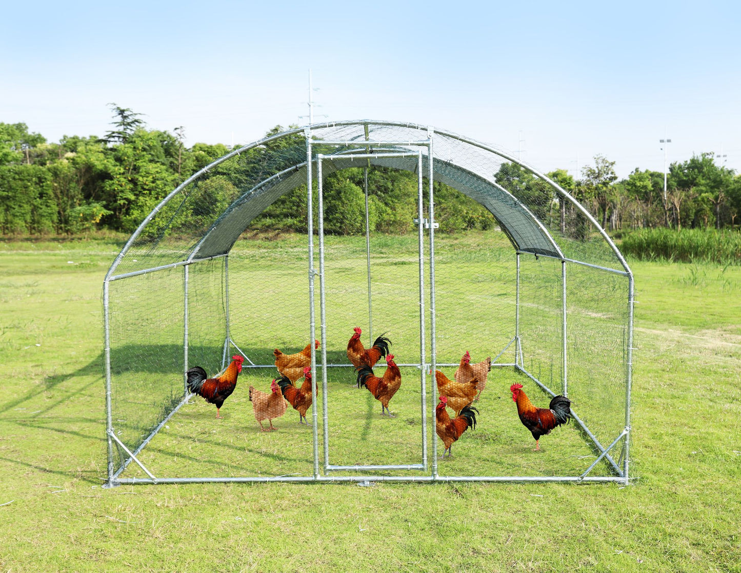 Large metal chicken coop upgrade three support steel wire impregnated plastic net cage, Oxford cloth silver plated waterproof UV protection, duck rabbit sheep bird outdoor house 9.2'W x 12.5'L x 6.5'H