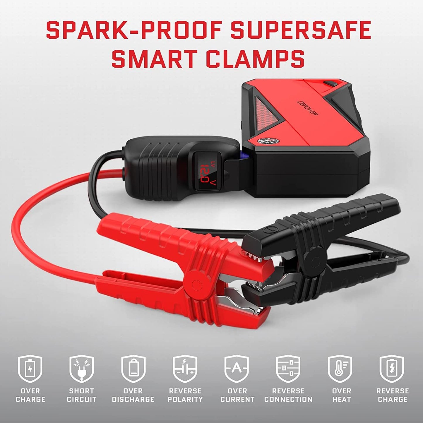 DBPOWER Peak 1600A 18000mAh Portable Car Jump Starter( up to 7.2 Gas;  5.5L Diesel Engines) Battery Booster with Smart Charging Port;  LCD Display;  Intelligent Jumper Clamps;  Compass and LED Light