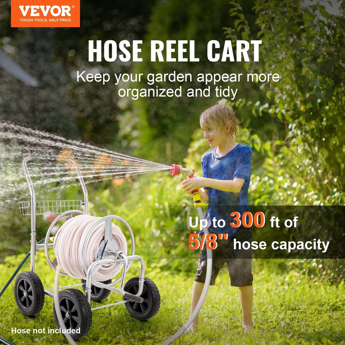 VEVOR Hose Reel Cart, Hold Up to 300 ft of 5/8'' Hose, Garden Water Hose Carts Mobile Tools with 4 Wheels, Heavy Duty Powder-coated Steel Outdoor Planting with Storage Basket, for Garden, Yard, Lawn