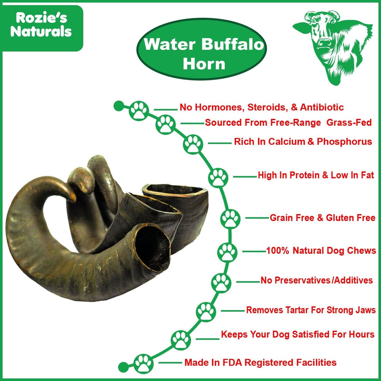 Water Buffalo Horn-100% Natural;  Long-Lasting;  Grain-Free;  Gluten-Free;  Dog Dental Treats & Chews-2 COUNT-15 oz