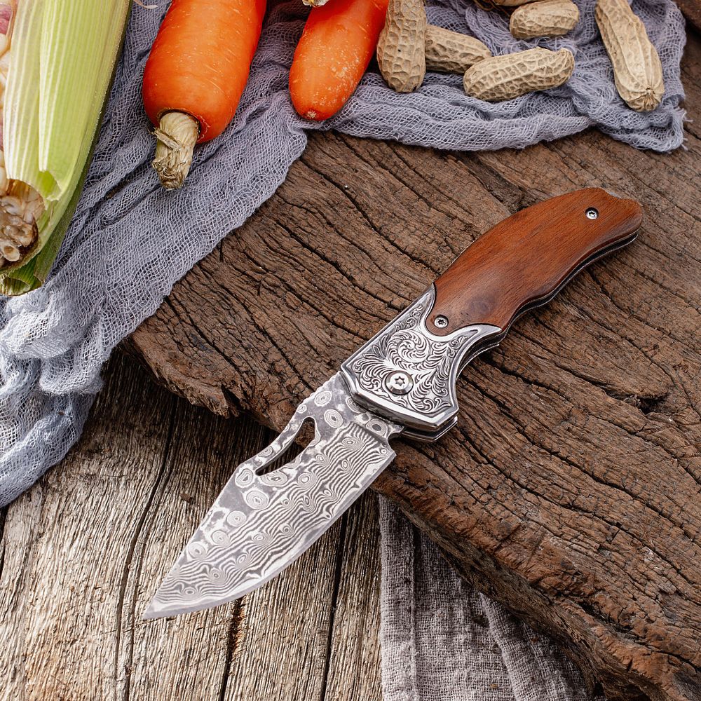 Damascus Pocket Knife for Men, 7" Handmade Forged VG10 Damascus Steel Folding Knife with Wood Handle,   Knives for Mens Gift