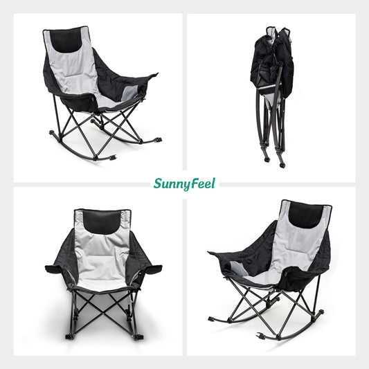 SUNNYFEEL Rocking Camping Chair, Luxury Padded Recliner, Oversized Folding Lawn Chair with Pocket, Heavy Duty for Outdoor/Picnic/Lounge/Patio, Portable Camp Rocker Chairs with Carry Bag