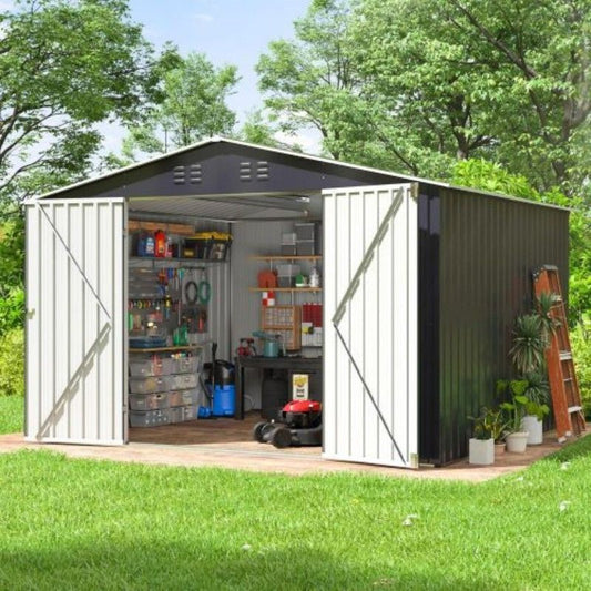 Outdoor Sheds 8FT x 12FT & Outdoor Storage Clearance, Metal Anti-Corrosion Utility Tool House with Lockable Door & Shutter Vents, Waterproof Storage Garden Shed for Backyard Lawn Patio