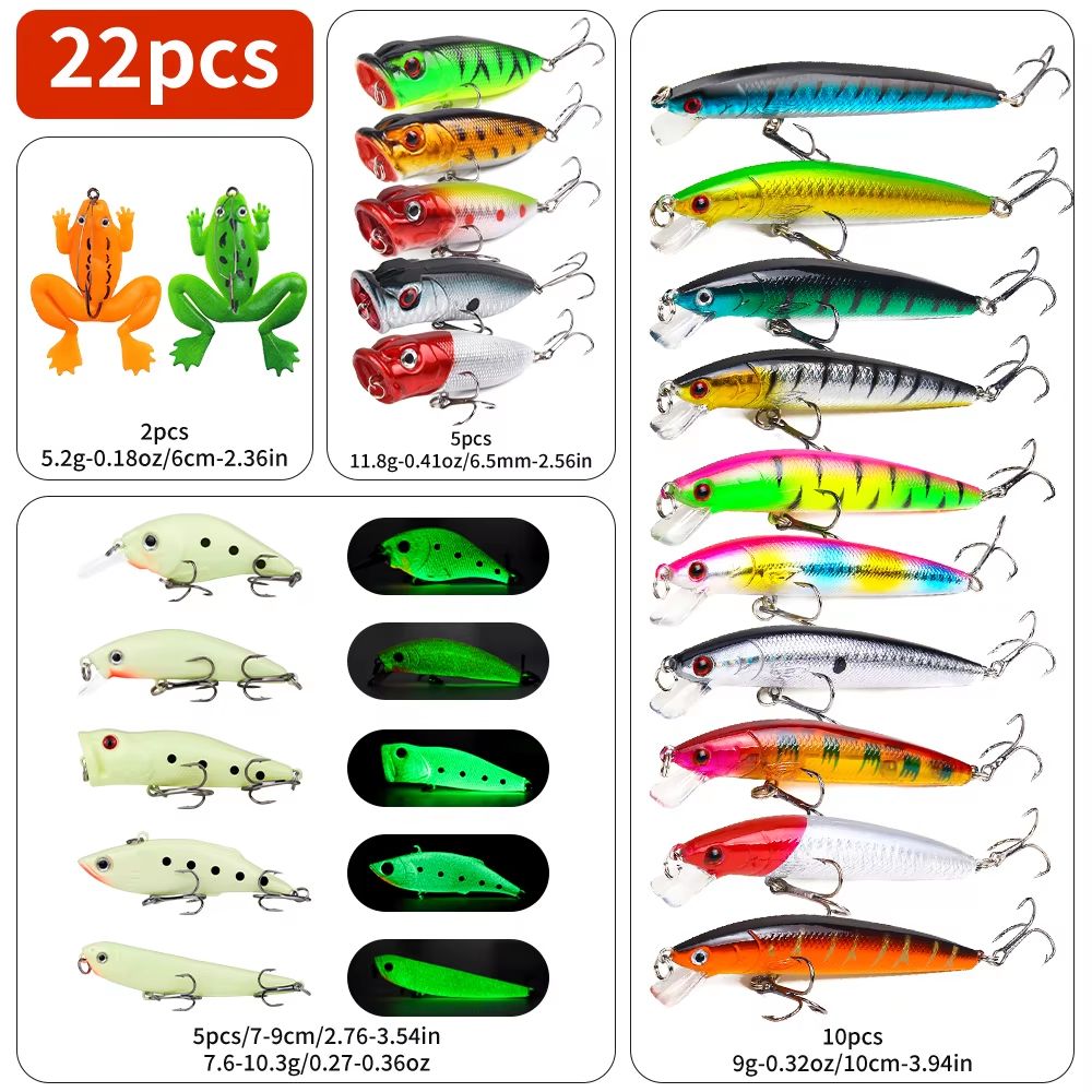 22pcs 1set Hard Lure Bait Soft Frog Popper Minnow Pencil VIB Luminous Lure Kit Durable Hooks Realistic Action Ideal