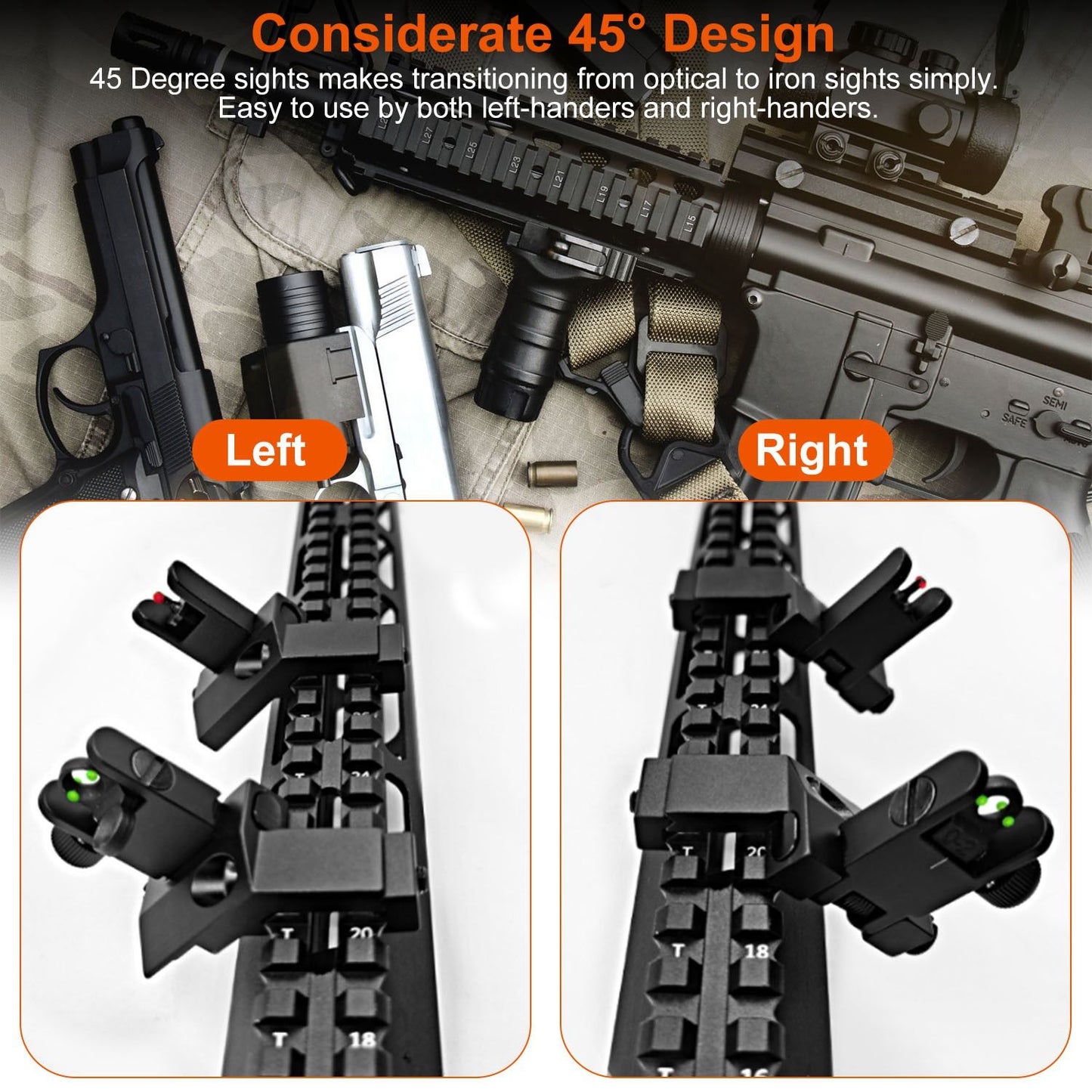 45 Degree Offset Rear Front Flip Up Sights Fiber Optics Aluminum Sights Tactical Folding Back Up Sight Set with Red Green Dots Fit Picatinny Weaver Rails