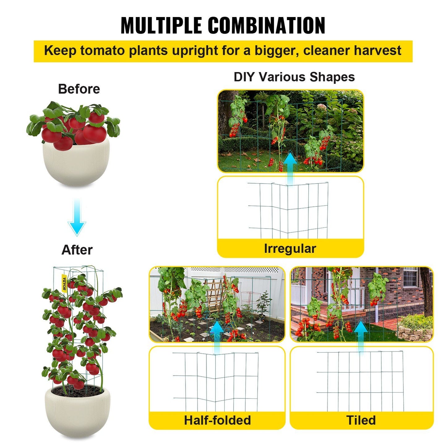 VEVOR Tomato Cages, 11.8" x 11.8" x 46.1", 5 Packs Square Plant Support Cages, Green PVC-Coated Steel Tomato Towers for Climbing Vegetables, Plants, Flowers, Fruits