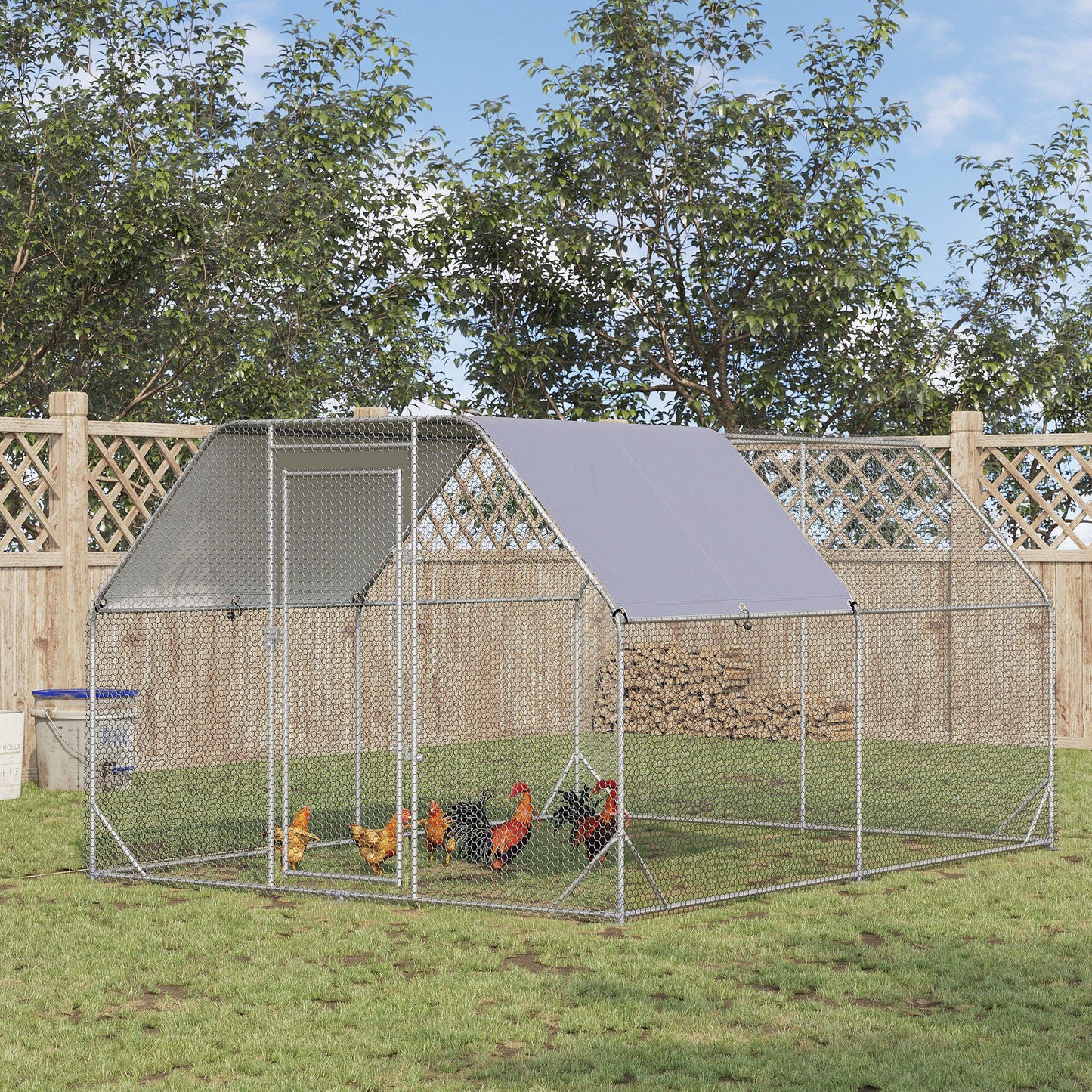 PawHut Large Chicken Coop Metal Chicken Run with Waterproof and Anti-UV Cover, Flat Shaped Walk in Fence Cage Hen House for Outdoor and Yard Farm Use, 1" Tube Diameter, 9.2' x 12.5' x 6.4'