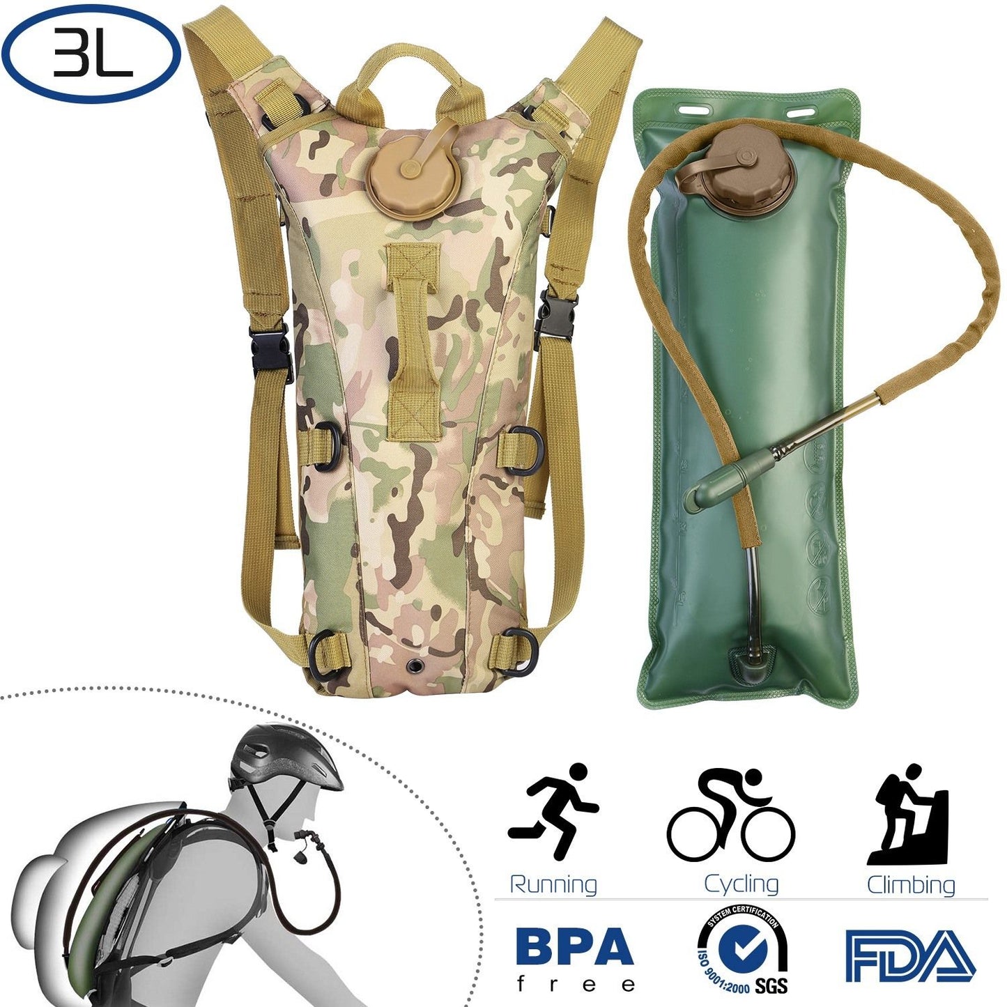 Tactical Hydration Pack 3L Water Bladder Adjustable Water Drink Backpack