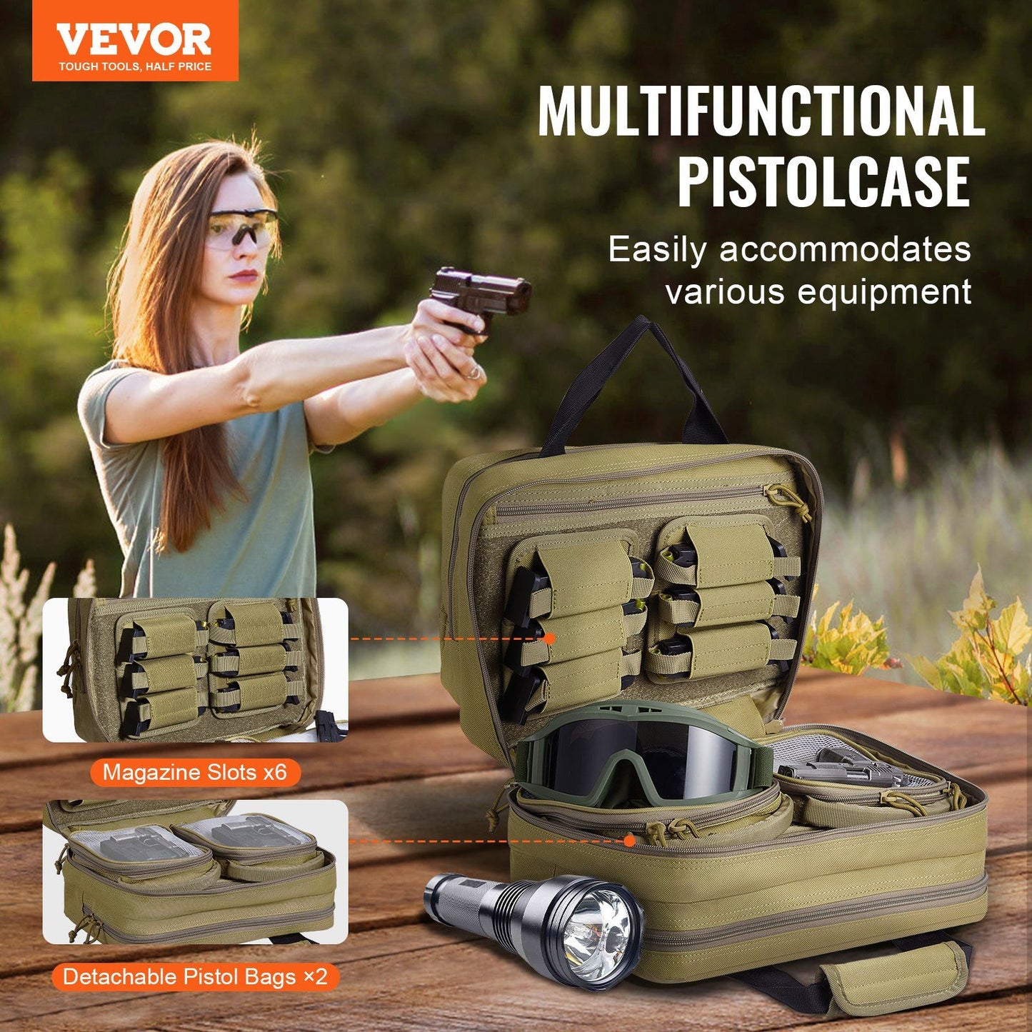 VEVOR Range Bag for 2 Pistols Tactical Gun Bag 2 Built-in Pistol Bags Brown