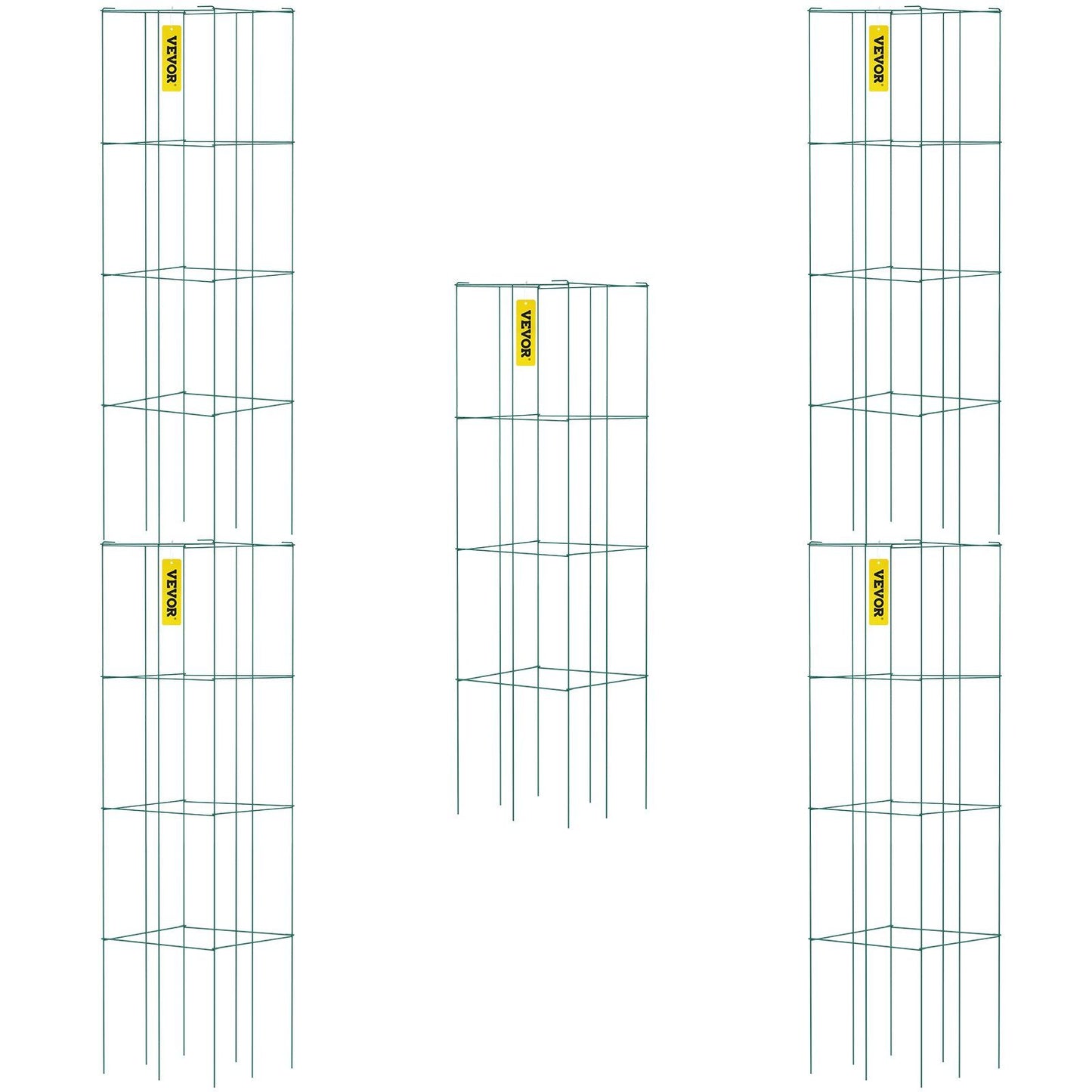 VEVOR Tomato Cages, 11.8" x 11.8" x 46.1", 5 Packs Square Plant Support Cages, Green PVC-Coated Steel Tomato Towers for Climbing Vegetables, Plants, Flowers, Fruits