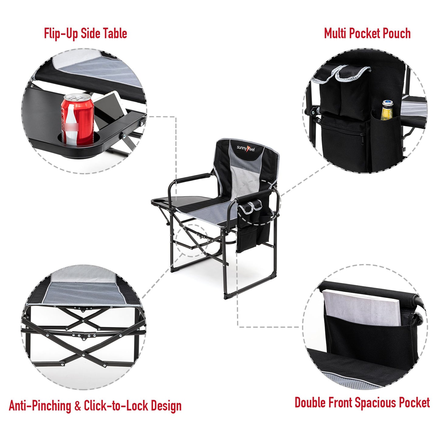 Camping Directors Chair, Heavy Duty,Oversized Portable Folding Chair with Side Table, Pocket for Beach, Fishing,Trip,Picnic,Lawn,Concert Outdoor Foldable Camp Chairs