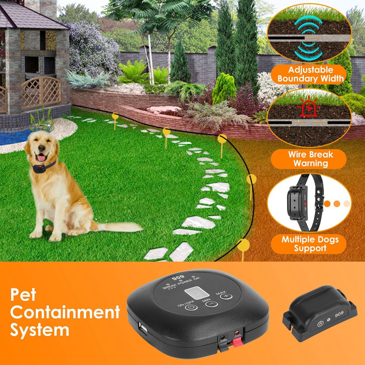 Dog Fence System Pet Containment System with 9 Adjustable Levels IPX8 Waterproof Rechargeable Underground Fence