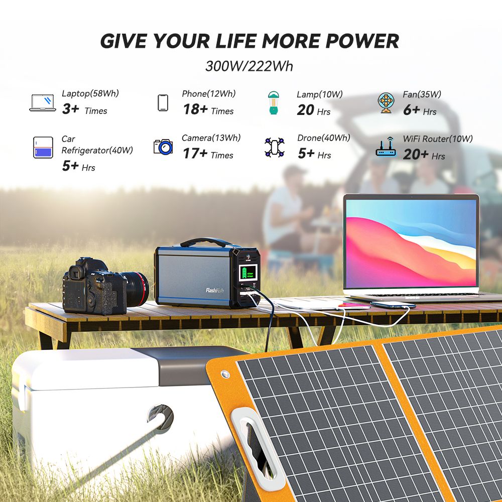 300W Solar Generator, FlashFish 60000mAh Portable Power Station Camping Potable Generator with 60W 18V Portable Solar Panel, Flashfish Foldable Solar Charger with 5V USB 18V DC Output