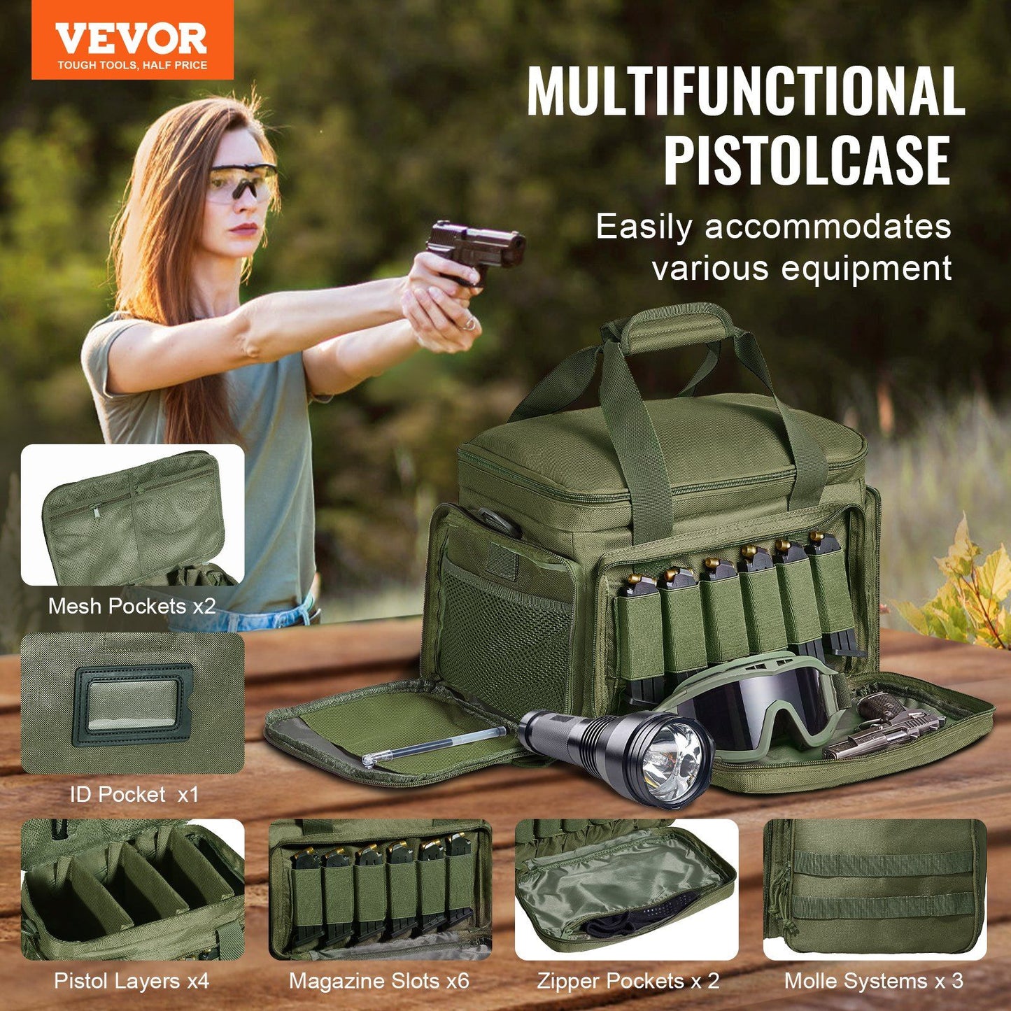 VEVOR Range Bag for 4 Pistols Tactical Gun Range Bag Single Shoulder Strip Green